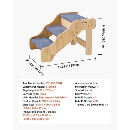 Wood Pet Stairs, 3-Step Dog Stairs for High Beds, Sofa & Cars, 150lbs Load Capacity, Non-Slip Surface, Stable Cat & Dog Step Ladder for Small Medium Large Older Pet Puppy Essentials