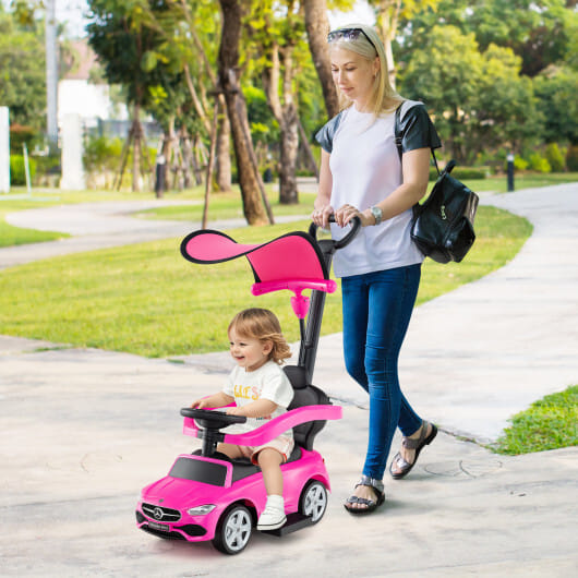 3-in-1 Ride on Push Car Mercedes-Benz Licensed Sliding Car with Canopy-Pink - Color: Pink
