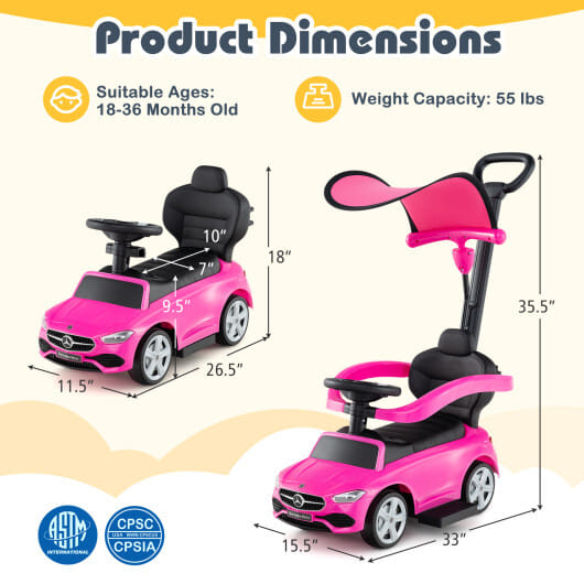 3-in-1 Ride on Push Car Mercedes-Benz Licensed Sliding Car with Canopy-Pink - Color: Pink