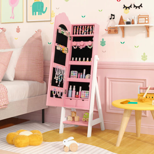 2 Pieces Kids Vanity Set and Jewelry Armoire Cabinet with Full-length Mirror-Pink