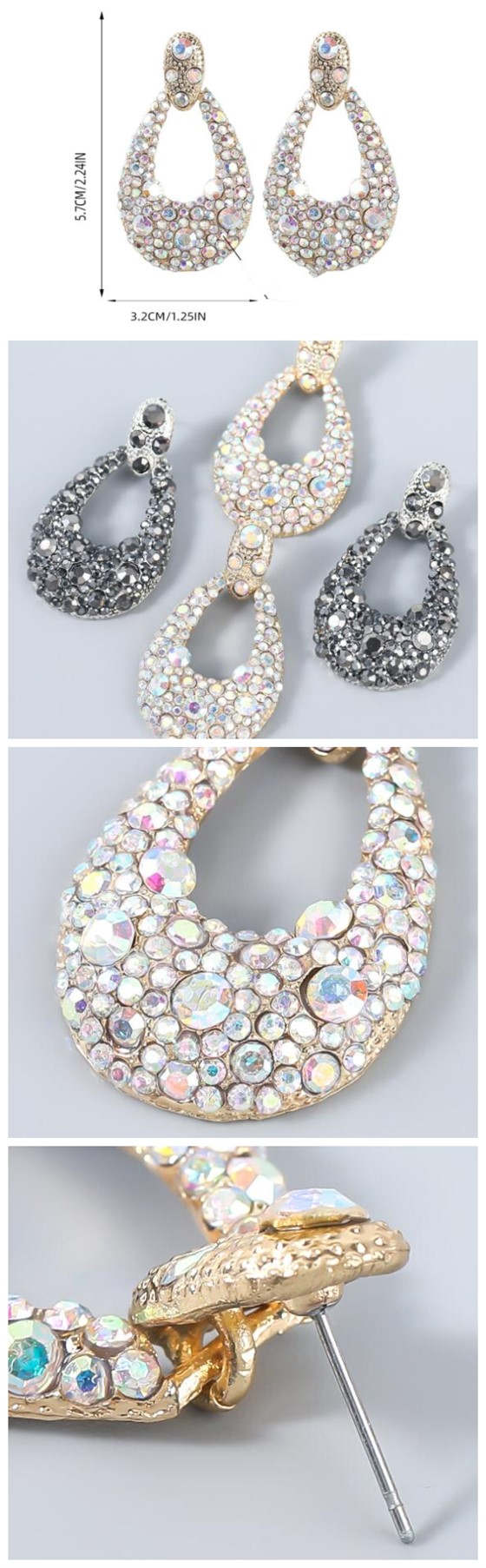 Bohemian Style Wholesale Jewelry Rhinestone Inlaid Geometric Waterdrop Women Statement Earrings - Luminous White