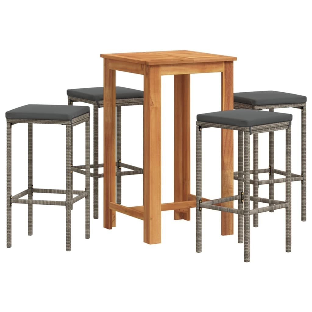 5 Piece Patio Bar Set Gray Solid Wood Acacia and Poly Rattan