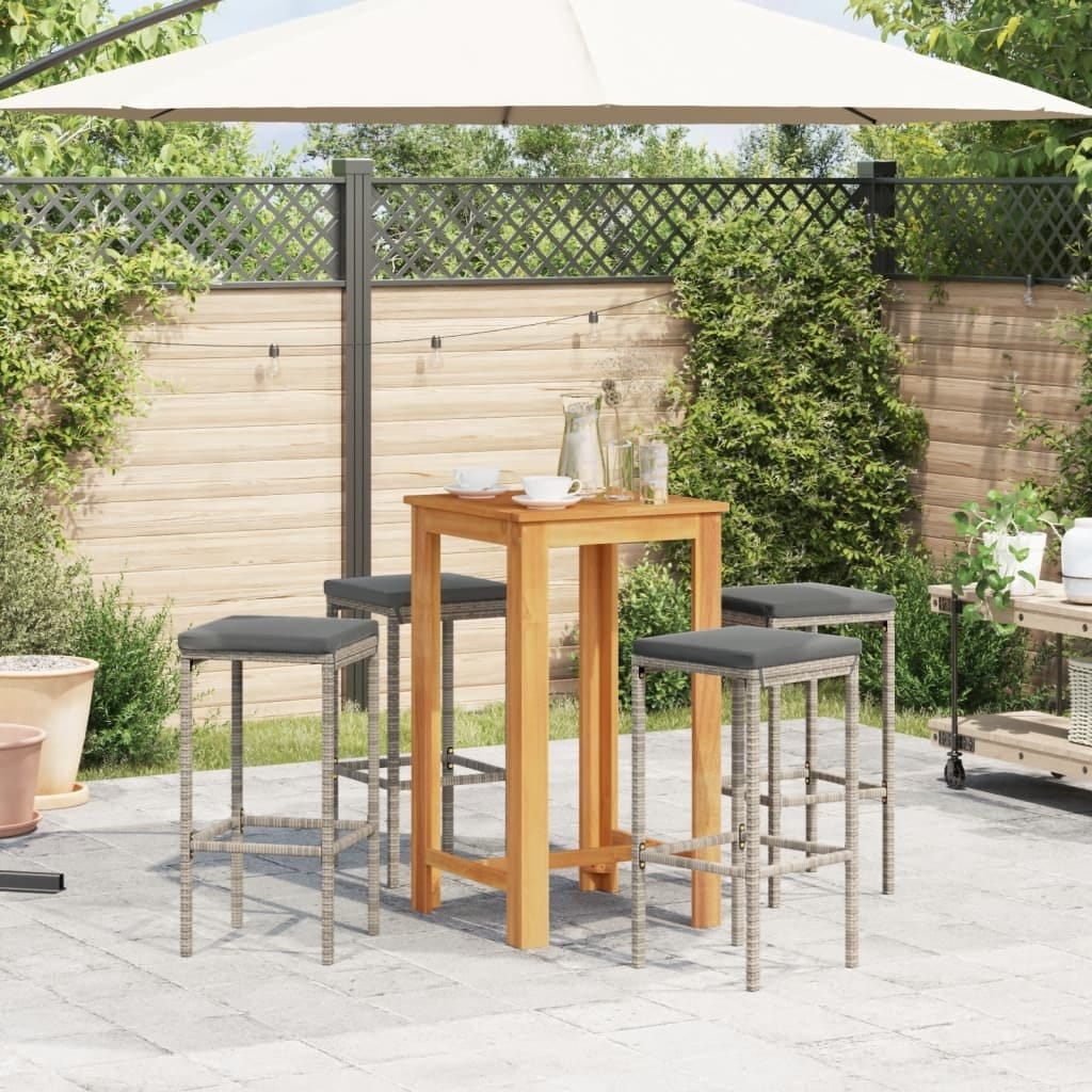 5 Piece Patio Bar Set Gray Solid Wood Acacia and Poly Rattan