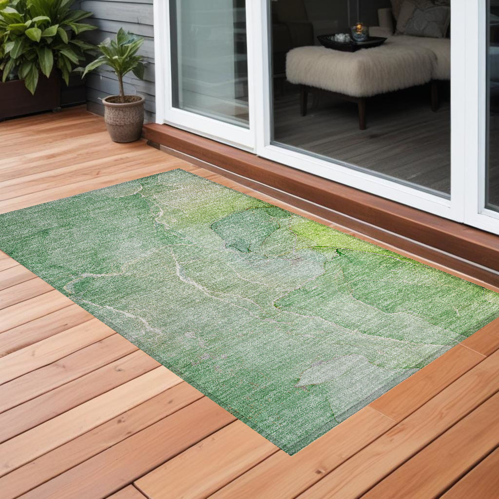 2' X 3' Green Abstract Washable Non Skid Indoor Outdoor Area Rug