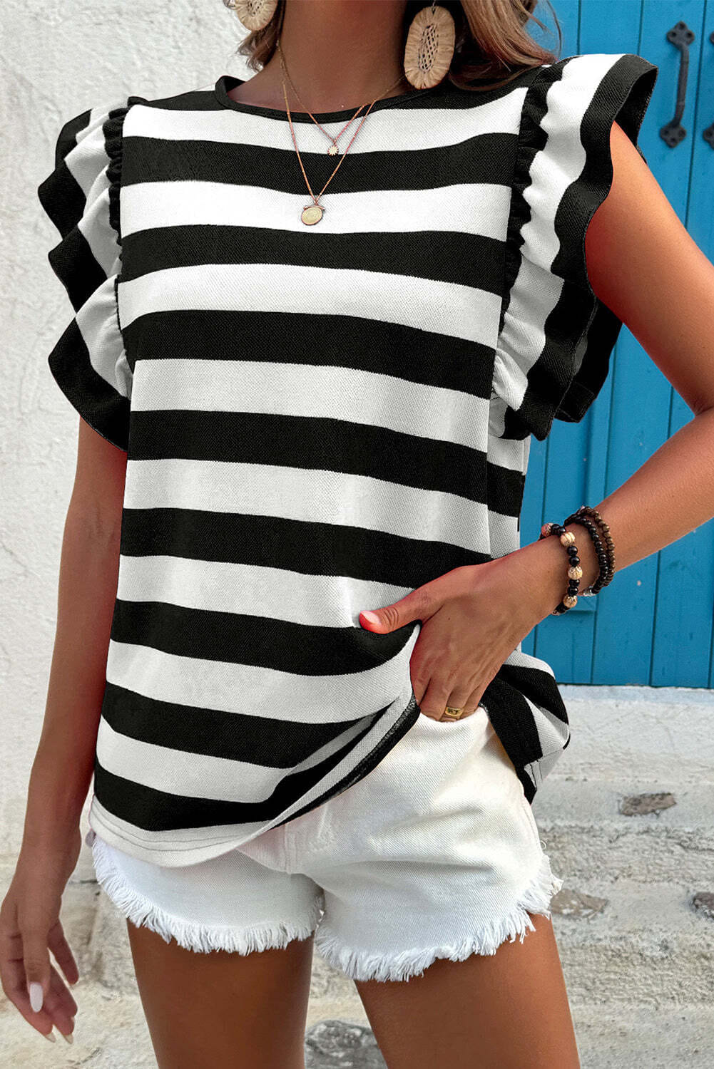 Black Stripe Flutter Sleeve Round Neck T Shirt