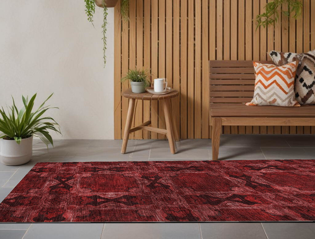 8' Runner Burgundy and Black Floral Medallion Washable Non Skid Indoor Outdoor Runner Rug