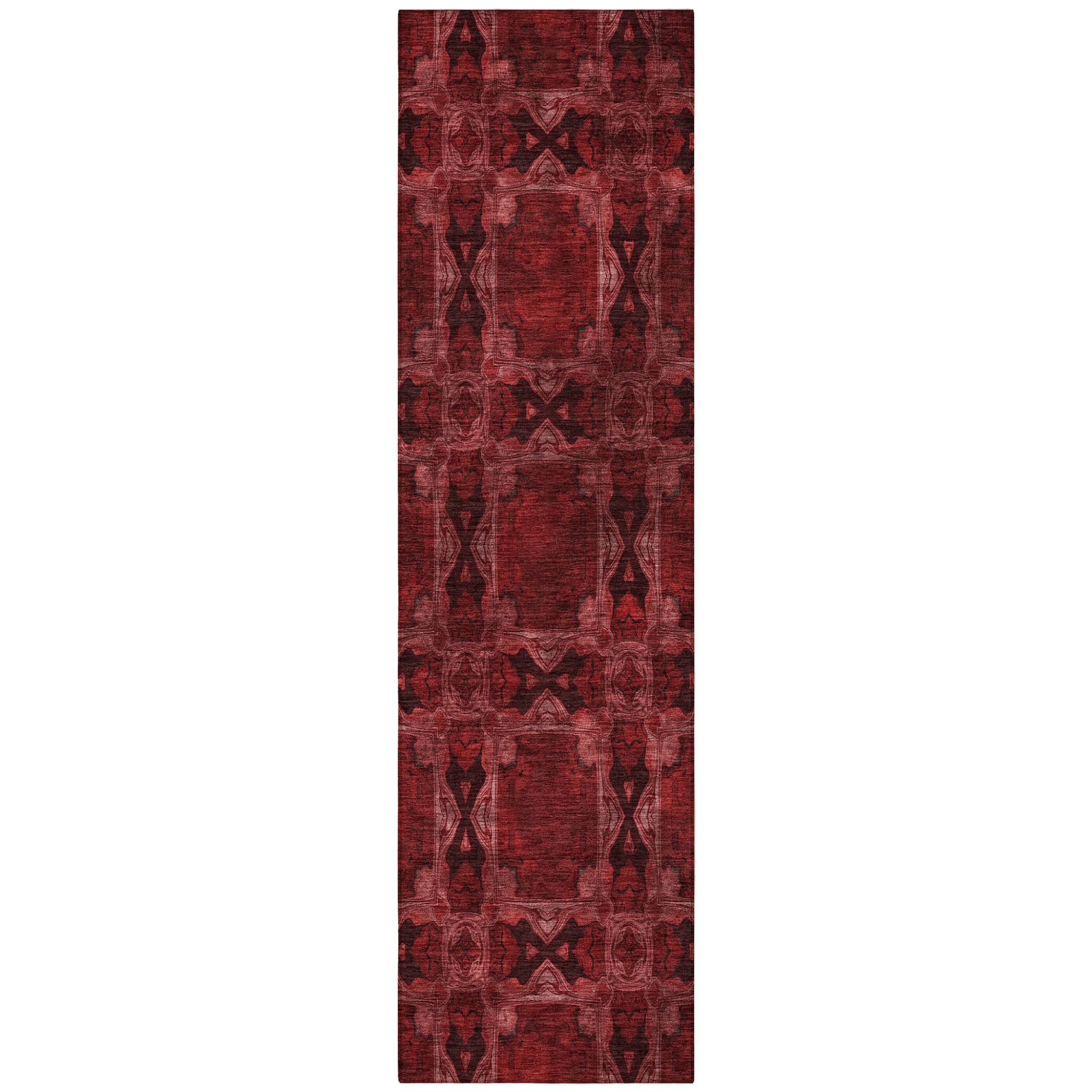8' Runner Burgundy and Black Floral Medallion Washable Non Skid Indoor Outdoor Runner Rug