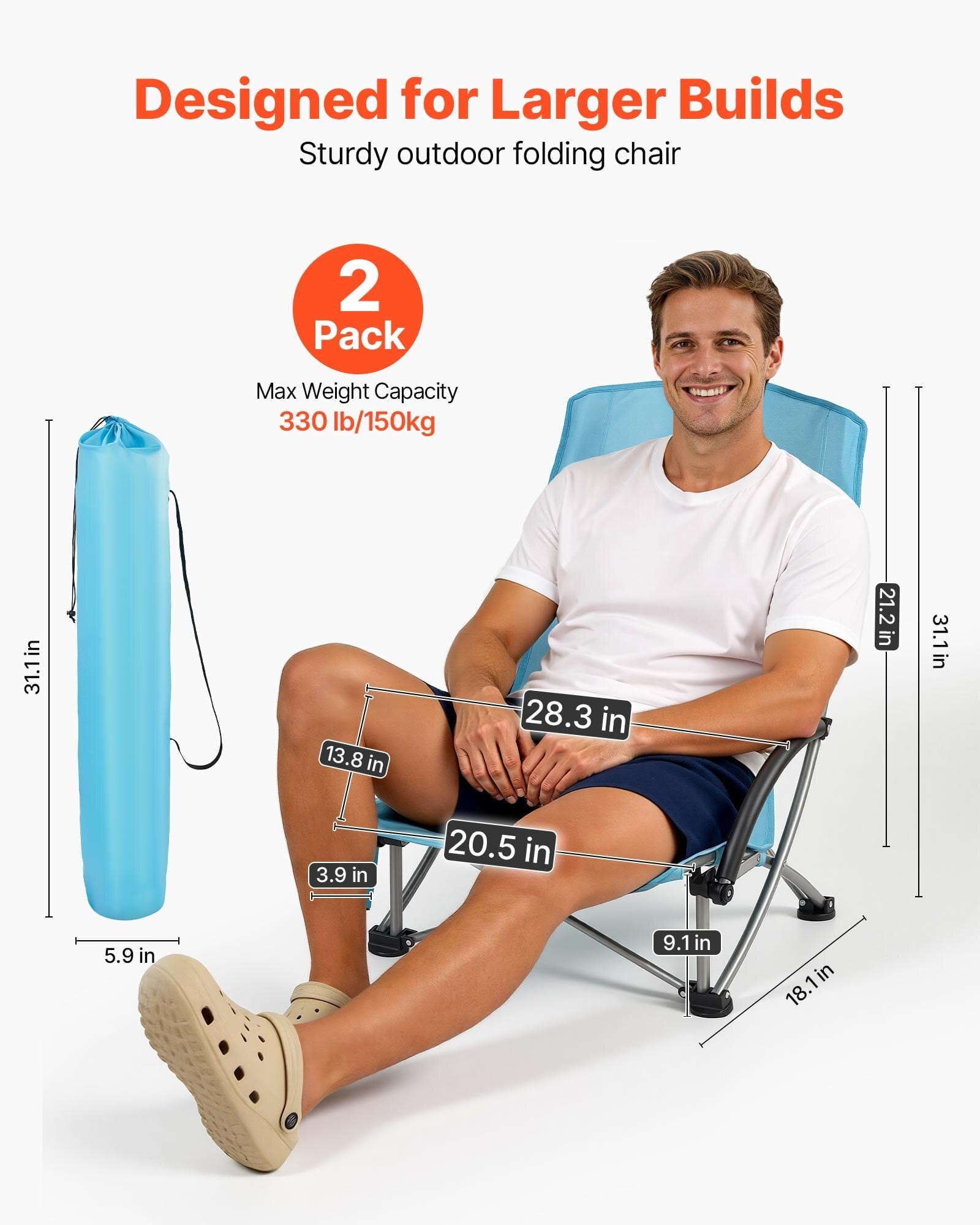 Folding Beach Chair, High Back Camping Chairs for Adults, with Cup Pocket, Mesh Back, Carry Bag, Portable Extra Wide Seat Chair 330 lbs Heavy Duty Support, for Outdoor, Camp, Light Blue, 2 Pack