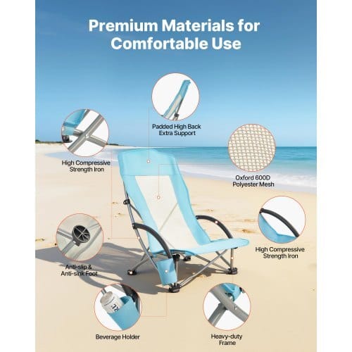 Folding Beach Chair, High Back Camping Chairs for Adults, with Cup Pocket, Mesh Back, Carry Bag, Portable Extra Wide Seat Chair 330 lbs Heavy Duty Support, for Outdoor, Camp, Light Blue, 2 Pack