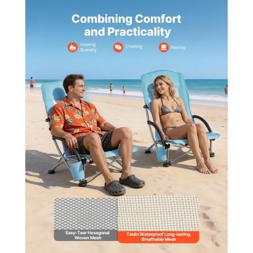 Folding Beach Chair, High Back Camping Chairs for Adults, with Cup Pocket, Mesh Back, Carry Bag, Portable Extra Wide Seat Chair 330 lbs Heavy Duty Support, for Outdoor, Camp, Light Blue, 2 Pack