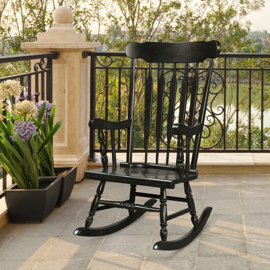 Outdoor Rocking Chair with Slatted Backrest-Black - Color: Black