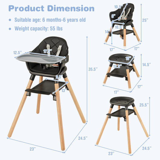 Costway 6 in 1 Convertible Highchair with Safety Harness and Removable Tray Black - Color: Black