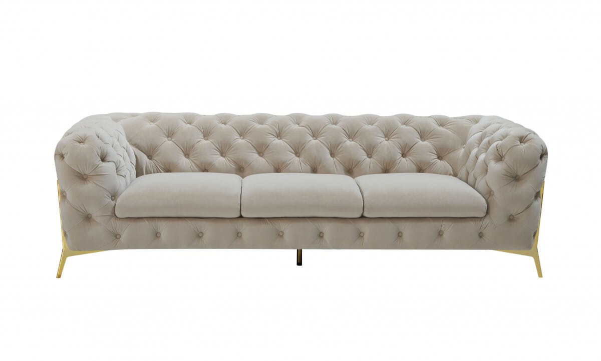 97" Beige Velvet Sofa With Gold Legs