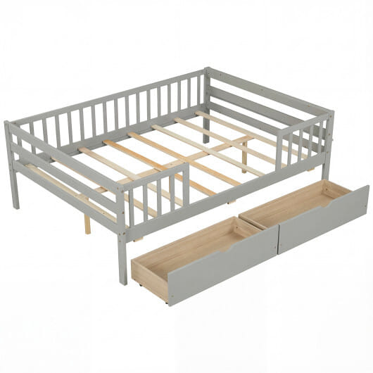 Full Size Daybed with Fence and 2 Drawers for Boys and Girls-Gray - Color: Gray