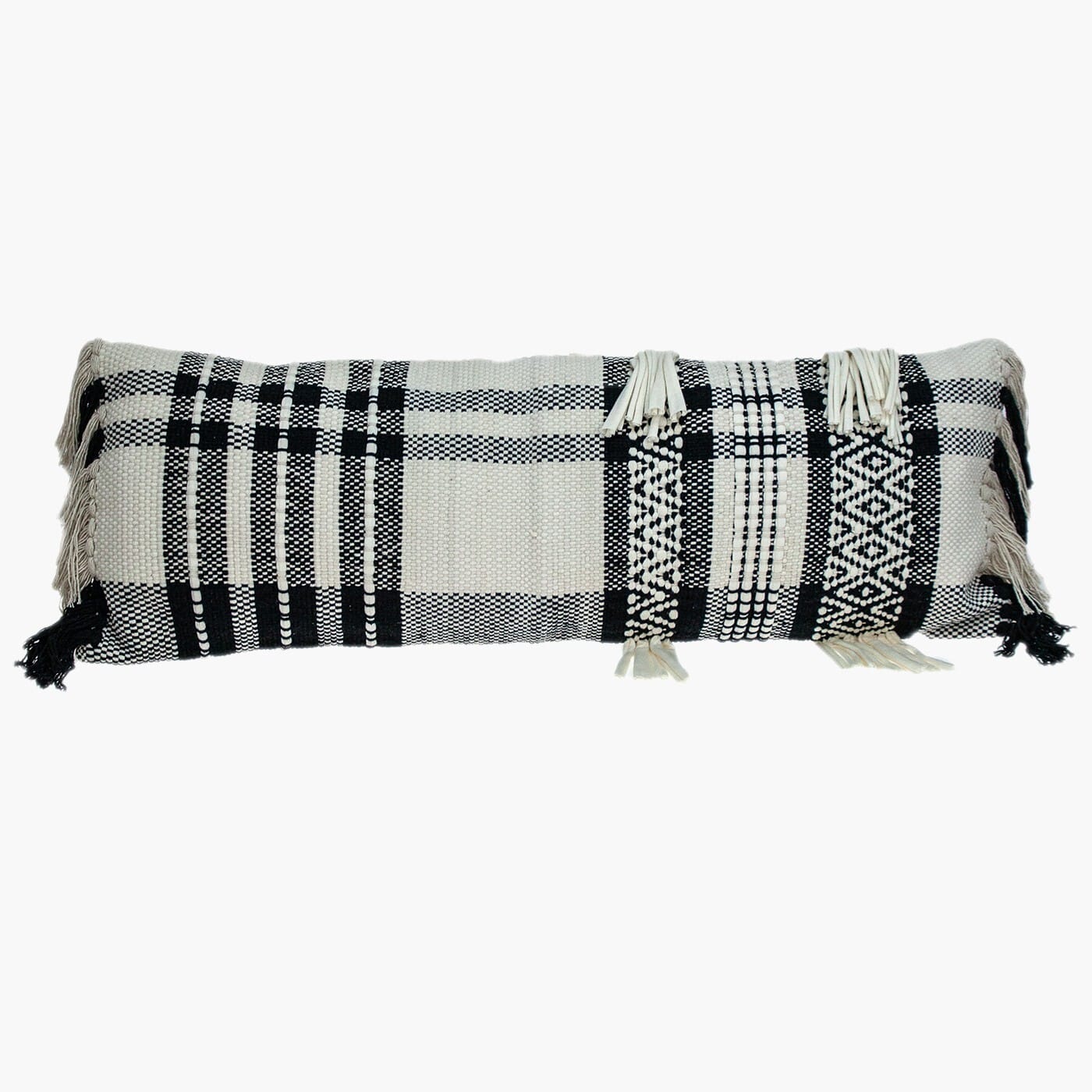 12" X 35" Black and White Plaid Cotton Lumbar Throw Pillow With Fringe