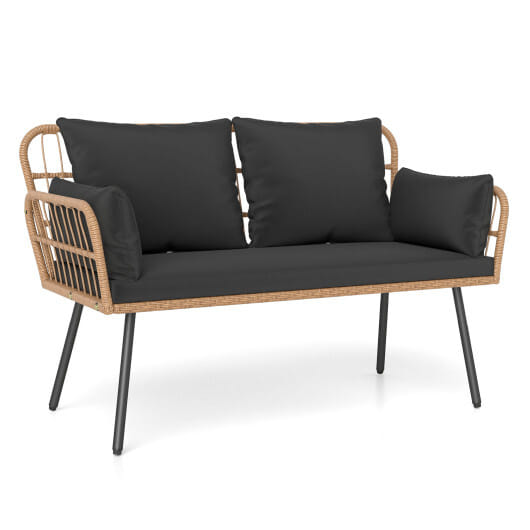Outdoor Rattan 2-Seat Chair with Seat Back Cushions and Heavy-Duty Metal Legs-Black - Color: Black