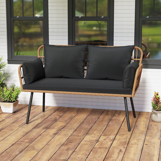 Outdoor Rattan 2-Seat Chair with Seat Back Cushions and Heavy-Duty Metal Legs-Black - Color: Black