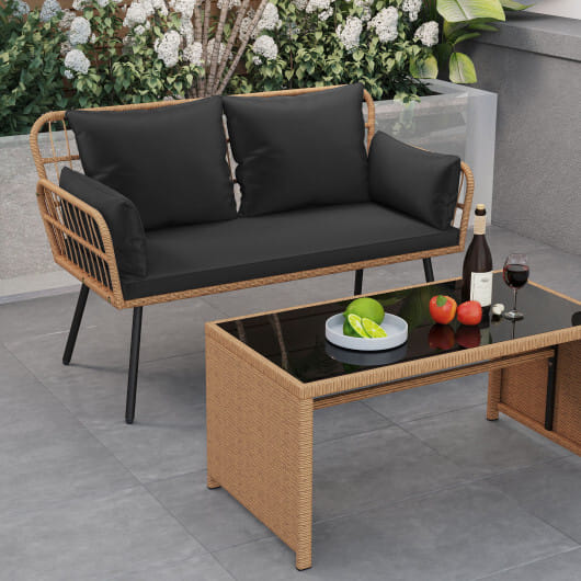 Outdoor Rattan 2-Seat Chair with Seat Back Cushions and Heavy-Duty Metal Legs-Black - Color: Black