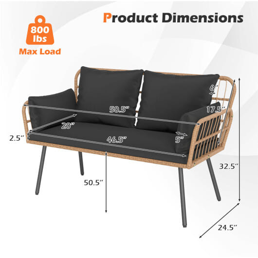 Outdoor Rattan 2-Seat Chair with Seat Back Cushions and Heavy-Duty Metal Legs-Black - Color: Black
