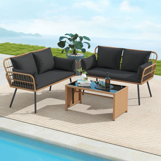Outdoor Rattan 2-Seat Chair with Seat Back Cushions and Heavy-Duty Metal Legs-Black - Color: Black