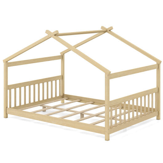 Full Size House Bed Montessori Floor Bed with Headboard-Natural - Color: Natural - Size: Full Size
