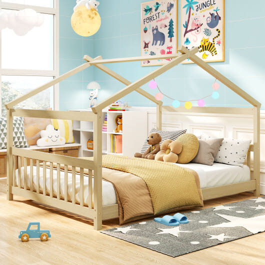 Full Size House Bed Montessori Floor Bed with Headboard-Natural - Color: Natural - Size: Full Size