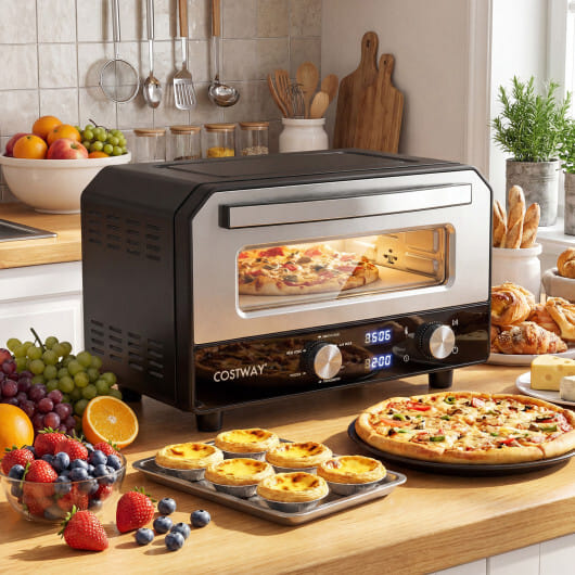 Costway Indoor Electric Pizza Oven Countertop Pizza Oven for 12 Inch Pizzas-Black - Color: Black