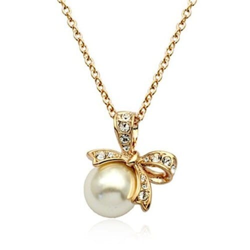 Bowknot Decorated Pearl Pendant 18k Rose Gold Plated Necklace