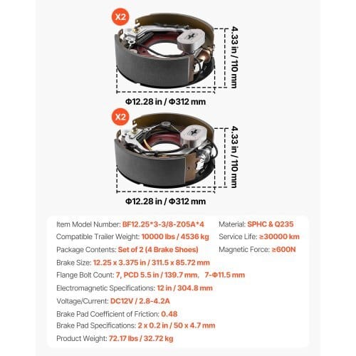 Electric Trailer Brake Kit, 12.25 x 3.375 Inch, 2 Pairs Self-Adjusting Electric Brakes Kit for 10000 lbs Trailer Axle, Backing Plates for Braking System Part Replacement, Fit for Trailers, RVs