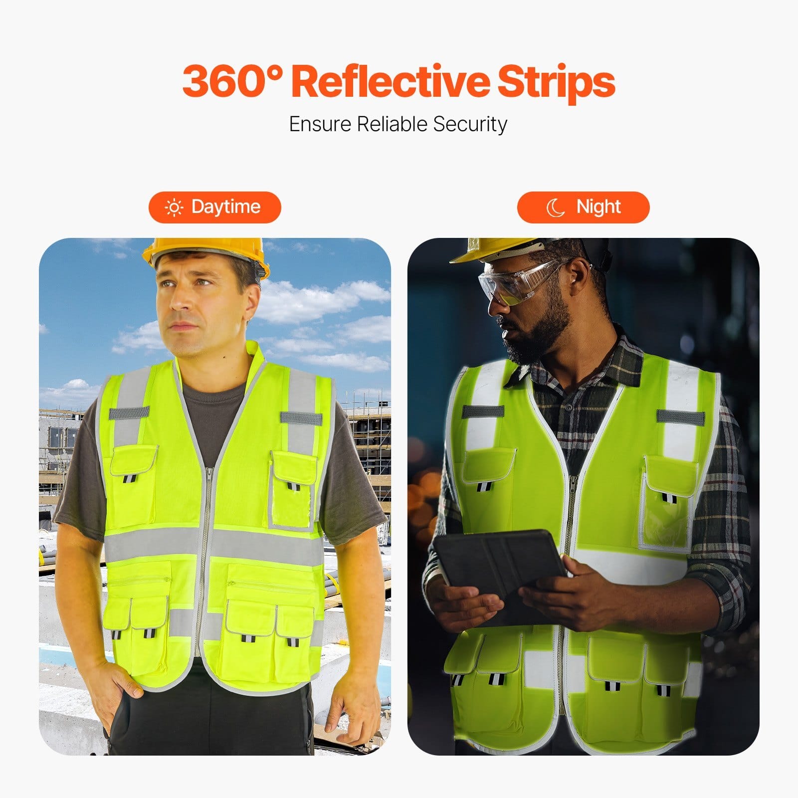 Safety Vest, 10 Pockets Yellow Safety Vest, Hi Vis Zipper Front Safety Vest with Reflective Strips, High Visibility Work Construction Vest with Pockets and Walkie-Talkie Clip, for Men & Woman