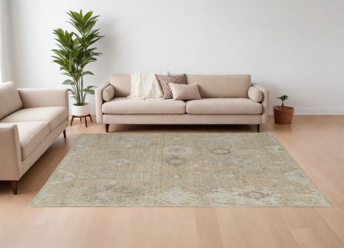 12' X 15' Tan and Ivory Wool Floral Hand Knotted Area Rug