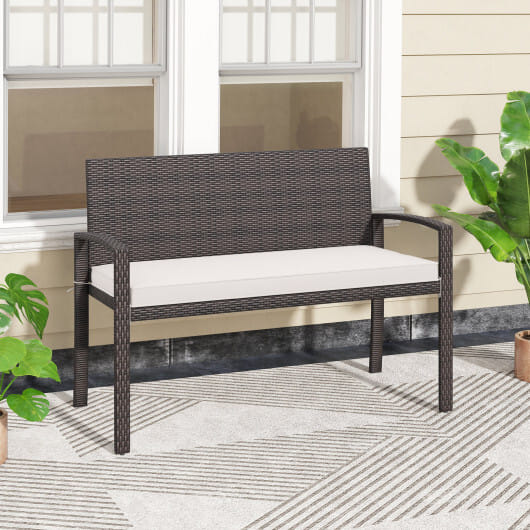 Wicker 2-Seat Bench with Soft Seat Cushion and Metal Frame-White - Color: White