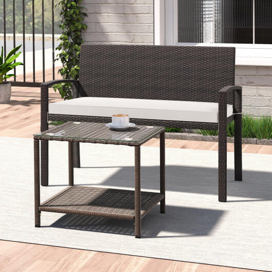 Wicker 2-Seat Bench with Soft Seat Cushion and Metal Frame-White - Color: White