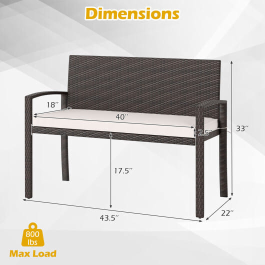 Wicker 2-Seat Bench with Soft Seat Cushion and Metal Frame-White - Color: White