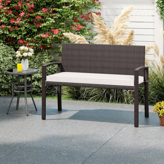 Wicker 2-Seat Bench with Soft Seat Cushion and Metal Frame-White - Color: White