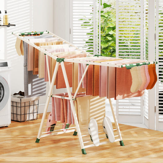 72.5 Inches Clothes Drying Rack with Height Adjustable Wings-Beige - Color: Beige