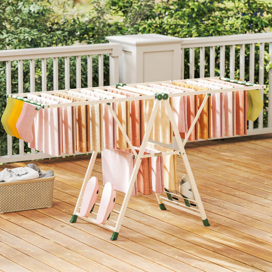 72.5 Inches Clothes Drying Rack with Height Adjustable Wings-Beige - Color: Beige