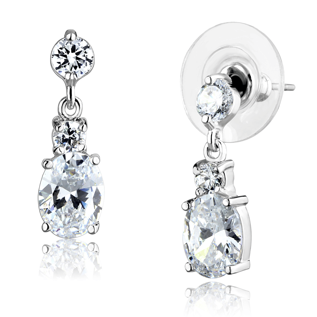 3W1290 - Rhodium Brass Earrings with AAA Grade CZ in Clear