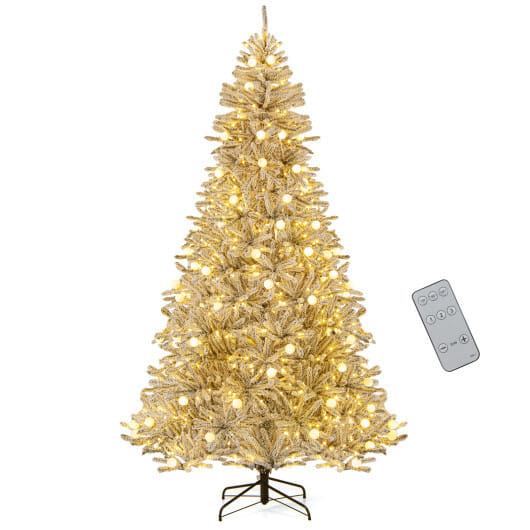 8 Feet Snow-flocked Artificial Christmas Tree Pre-lit Hinged with 81 Sphere Lights and Remote - Color: Green - Size: 8 ft