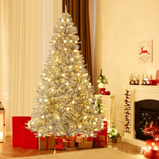 8 Feet Snow-flocked Artificial Christmas Tree Pre-lit Hinged with 81 Sphere Lights and Remote - Color: Green - Size: 8 ft