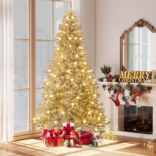 8 Feet Snow-flocked Artificial Christmas Tree Pre-lit Hinged with 81 Sphere Lights and Remote - Color: Green - Size: 8 ft