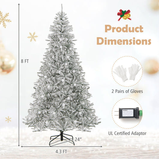 8 Feet Snow-flocked Artificial Christmas Tree Pre-lit Hinged with 81 Sphere Lights and Remote - Color: Green - Size: 8 ft