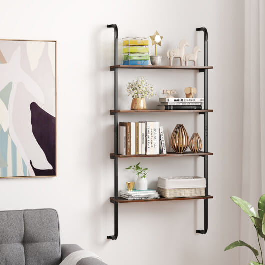 4-Tier Industrial Pipe Shelving with Metal Frame for Living Room Kitchen-Rustic Brown - Color: Rustic Brown