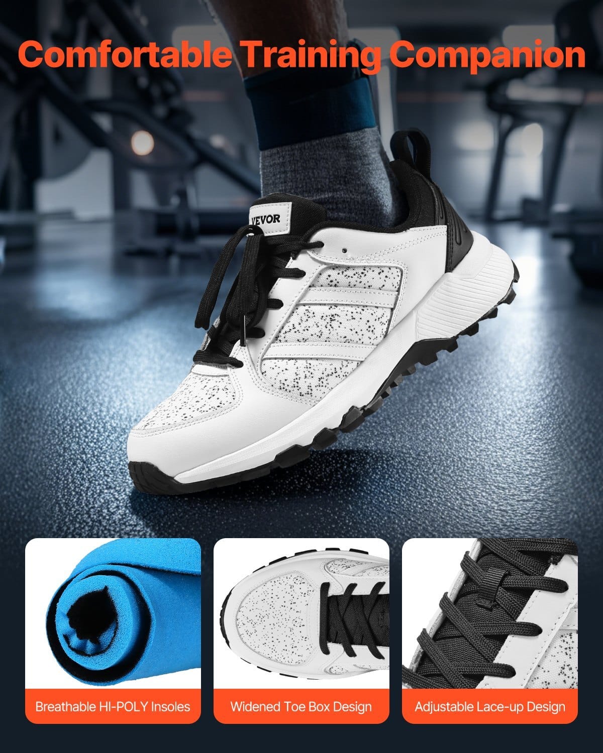 Cross Training Shoes, M Width Sneakers US Size 8, Wide Toe Box Shoes with Arch Support & Adjustable Lace-up, Training Shoes for Running, Gymnastics, Dog Walking, and Weightlifting (White)