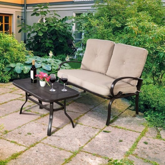 2 Pieces Patio Outdoor Cushioned Coffee Table Seat-Beige - Color: Beige