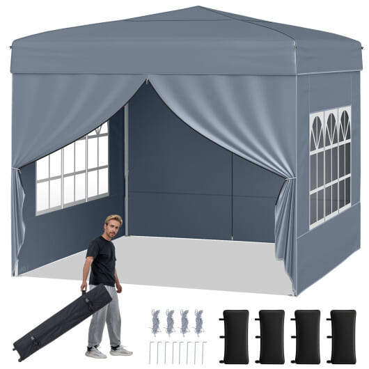 10 X 10 FT Pop up Canopy Tent Outdoor Patio Commercial Sunshade Shelter with 4 Sidewalls-Gray - Color: Gray