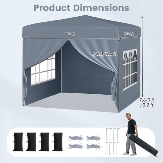 10 X 10 FT Pop up Canopy Tent Outdoor Patio Commercial Sunshade Shelter with 4 Sidewalls-Gray - Color: Gray