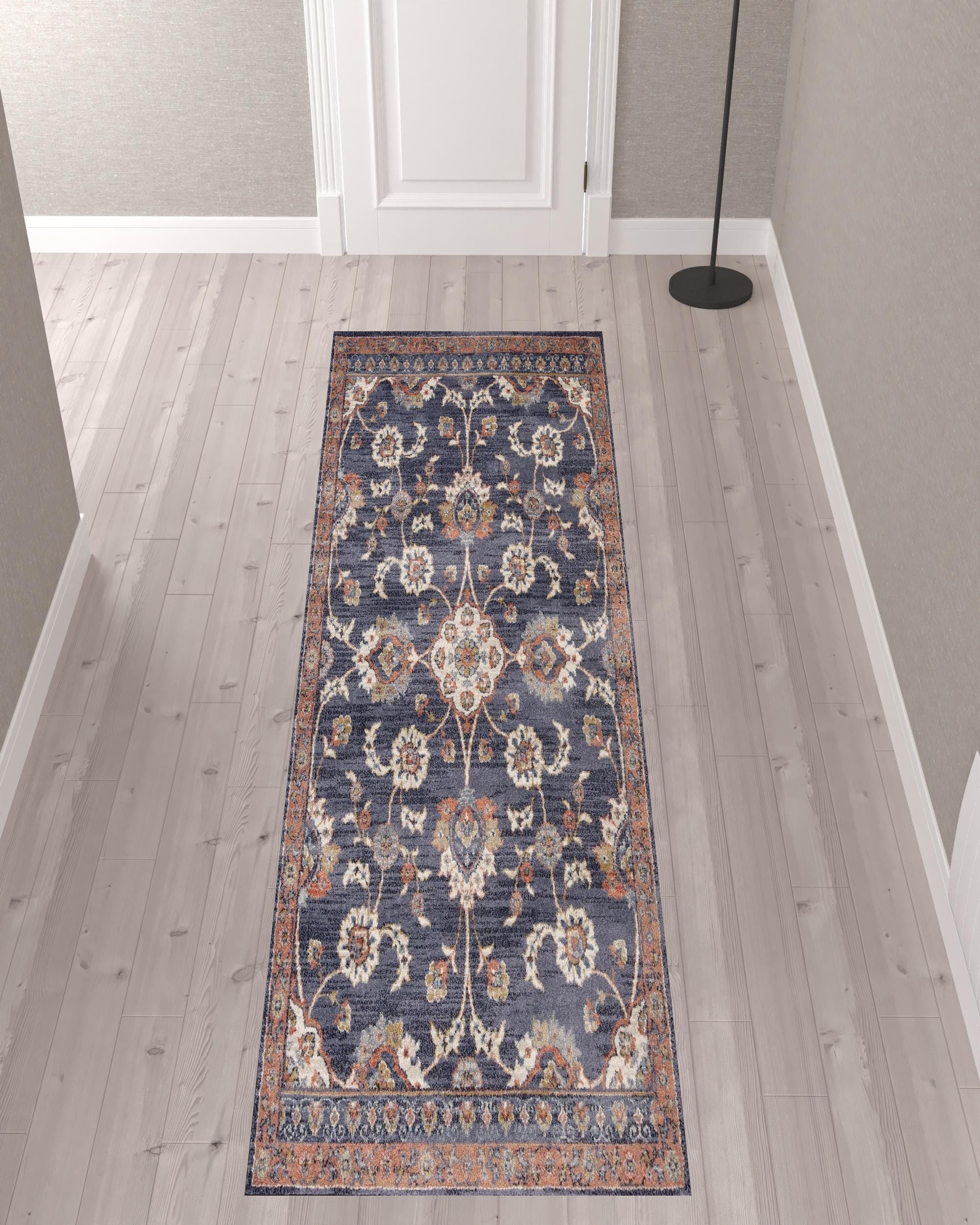 10' Ivory Navy and Orange Floral Power Loom Runner Rug
