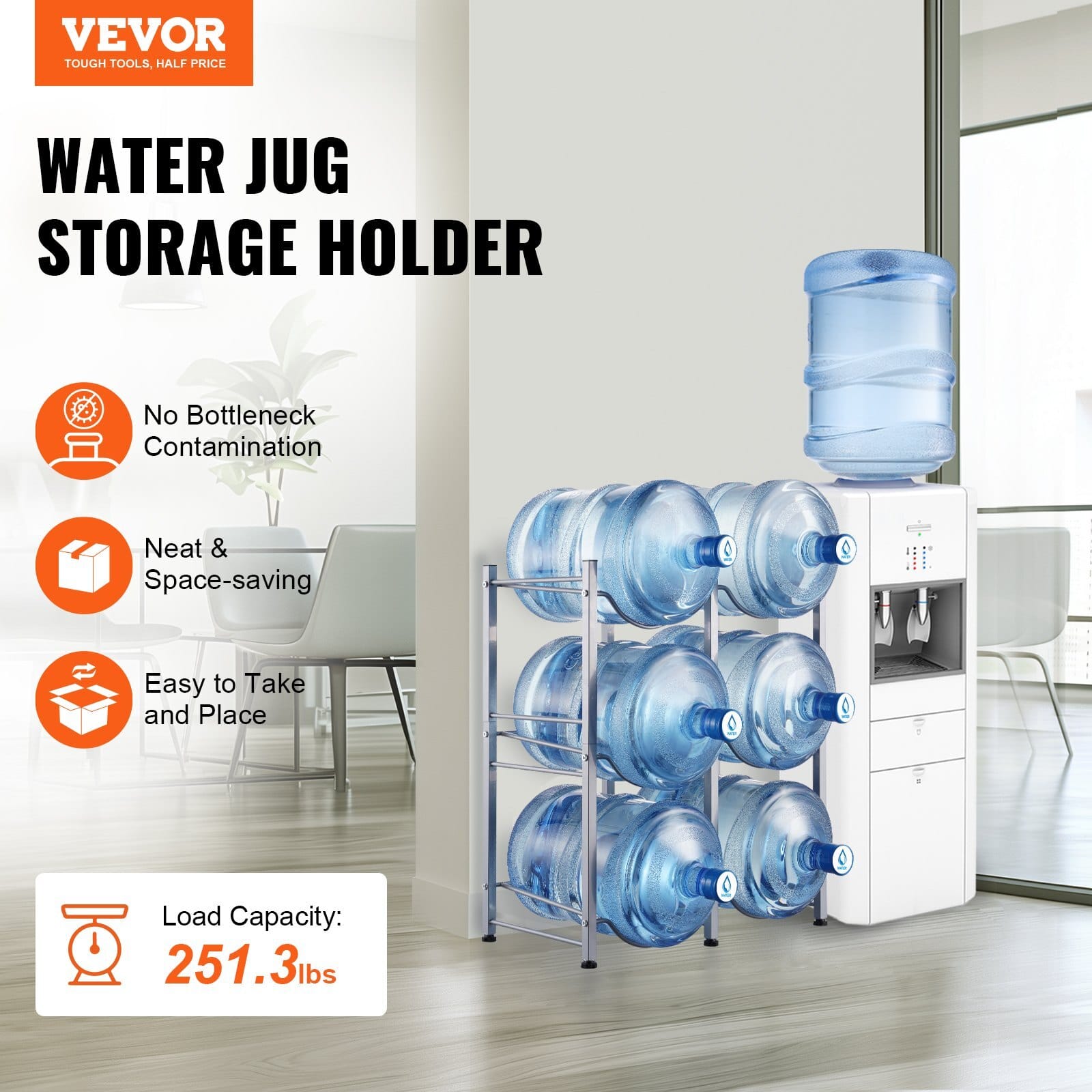 3 Tiers Water Jug Holder, 5 Gallon Water Bottle Holder, Double Row Water Bottle Rack for 6 Bottles, Heavy Duty Water Jug Rack for Kitchen, Office, Living Room, Silver