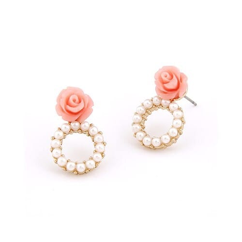Rose Attached Pearl Hoop Ear Studs - Pink